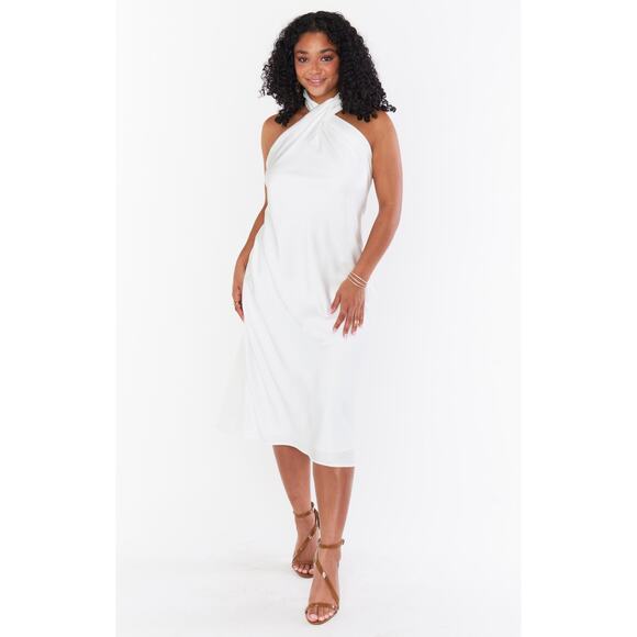 Show Me Your Mumu Jasmine Halter Midi Dress Ivory Luxe Satin M NWT - Picture 8 of 9